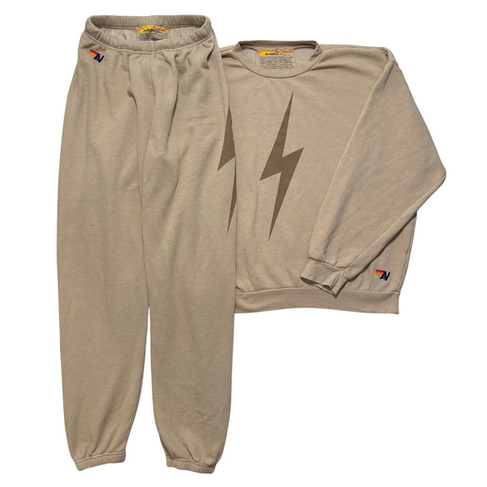 NWOT Aviator Nation Lightning Bolt Sweatsuit Sweatshirt Joggers Brown Womens L